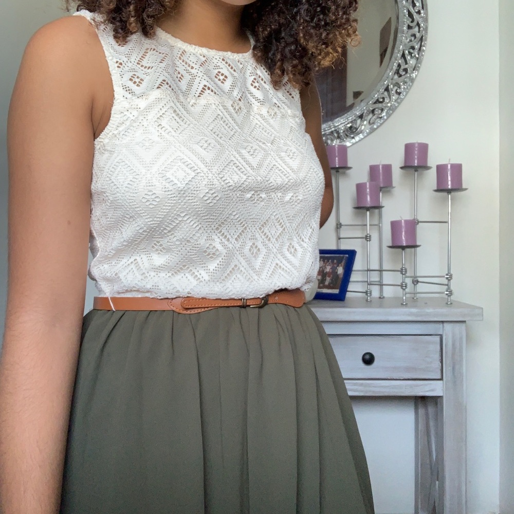 white and green dress with brown belt